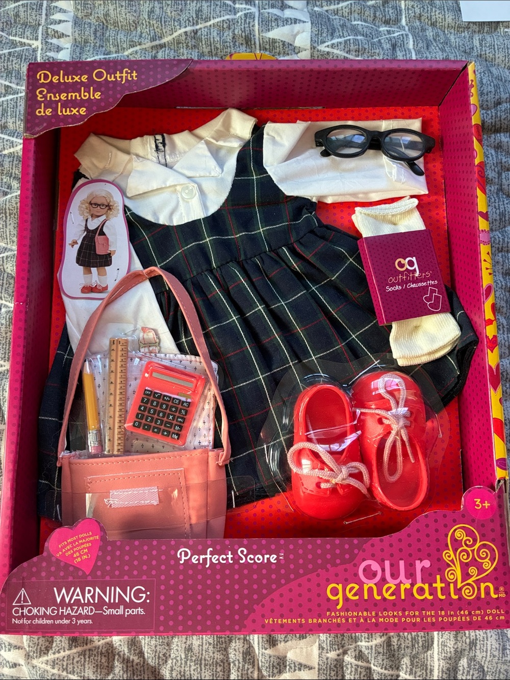 Our Generation Doll’s Deluxe School Outfit Black Plaid and Red Accessories NIB